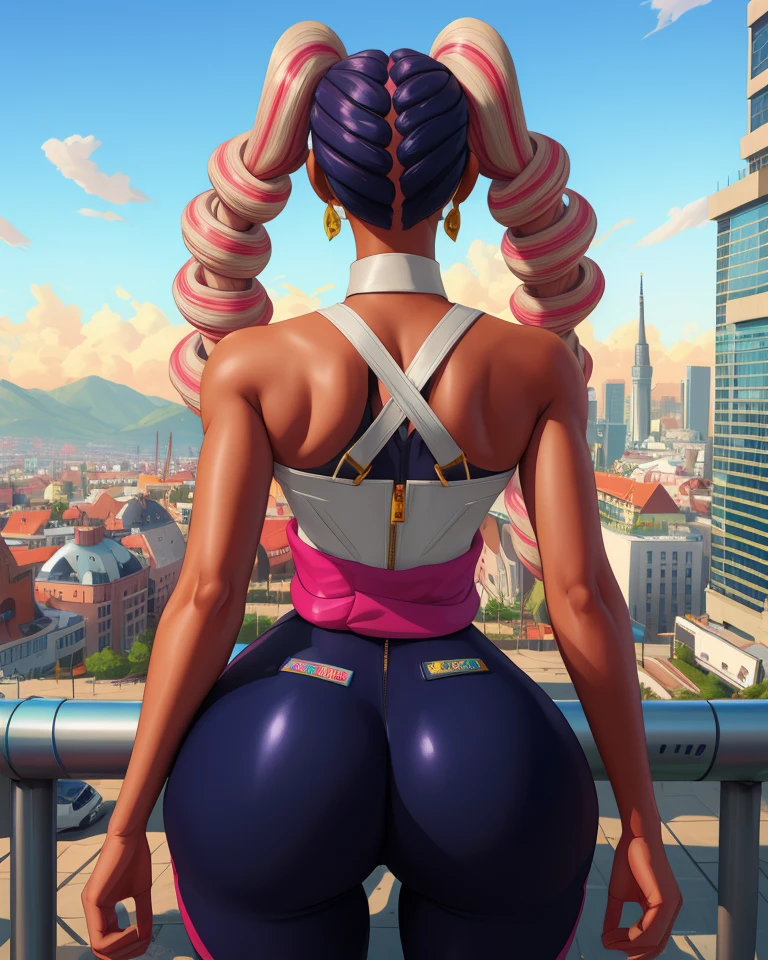 Twintelle,long twin drill hair,multicolored hair,domino mask,
white top,sleeveless,tight black pants,squatting,
from behind,hips,cameltoe,
city arena,morning,
(insanely detailed, masterpiece, best quality) f,<lora:Twintelle:0.8>,