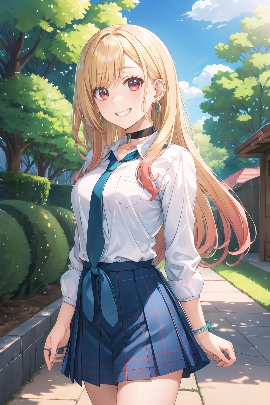 masterpiece, best quality, highres, kitagawa marin, 1girl, blonde hair, long hair, multicolored hair, red eyes, jewelry, earrings, piercing, school uniform, white shirt, tied shirt, black choker, blue necktie, plaid skirt, <lora:kitagawa_marin_v1-1:0.7>, grin, smile, standing, cowboy shot, outdoors, blue skirt <lora:amazuyu-tatsuki-Style_1083104:1>