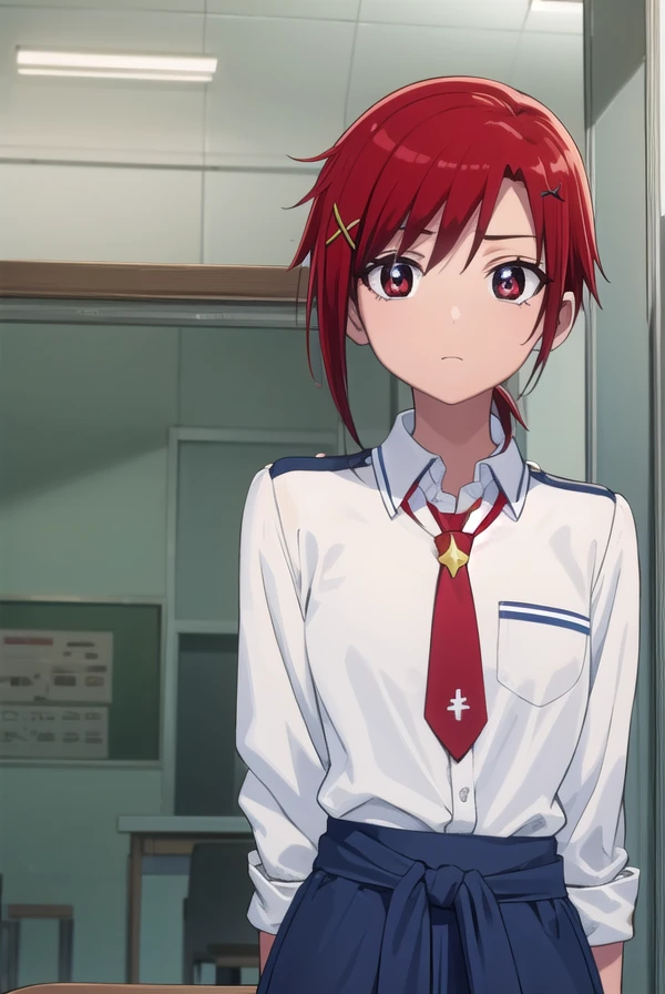 akanehino, <lora:akane hino s1-lora-nochekaiser:1>,
akane hino, short hair, hair ornament, (red eyes:1.3), ponytail, red hair, hair clip, x hair ornament,
BREAK skirt, school uniform, necktie, sweater, sleeves rolled up, clothes around waist, sweater around waist, nanairogaoka middle school uniform,
BREAK indoors, classroom, school,
BREAK looking at viewer, (cowboy shot:1.5),
BREAK <lyco:GoodHands-beta2:1>, (masterpiece:1.2), best quality, high resolution, unity 8k wallpaper, (illustration:0.8), (beautiful detailed eyes:1.6), extremely detailed face, perfect lighting, extremely detailed CG, (perfect hands, perfect anatomy),