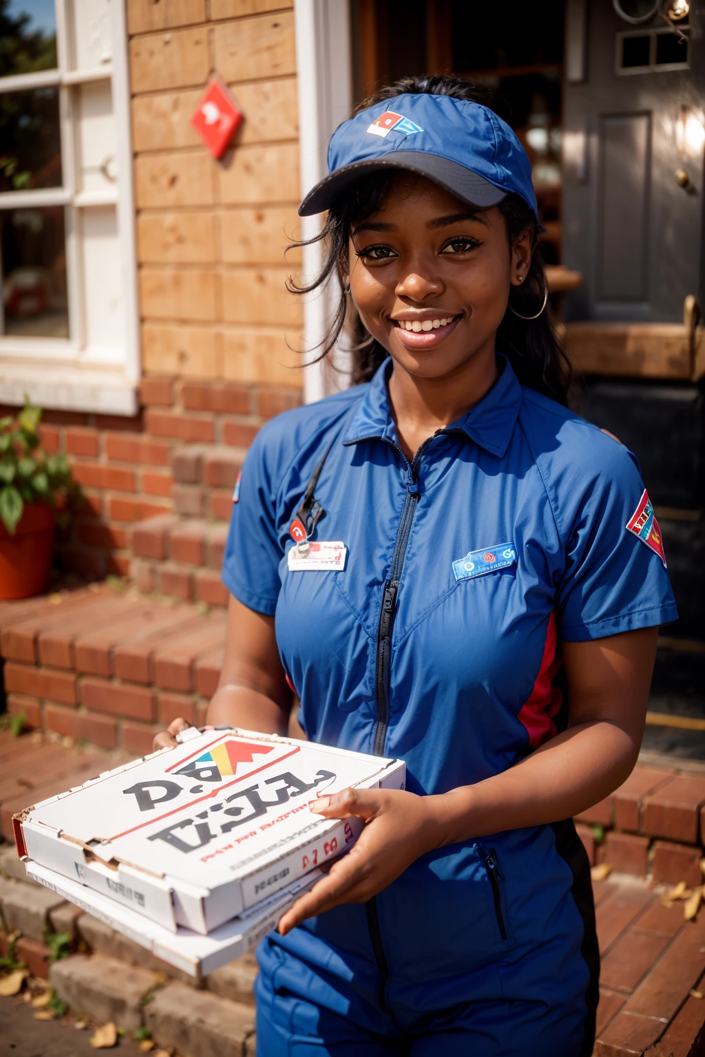 RAW photo of an african woman , wearing pizza delivery outfit <lora:p1zz4d3l1v3ry:1.2> ,on the porch of a house, holding pizza boxes