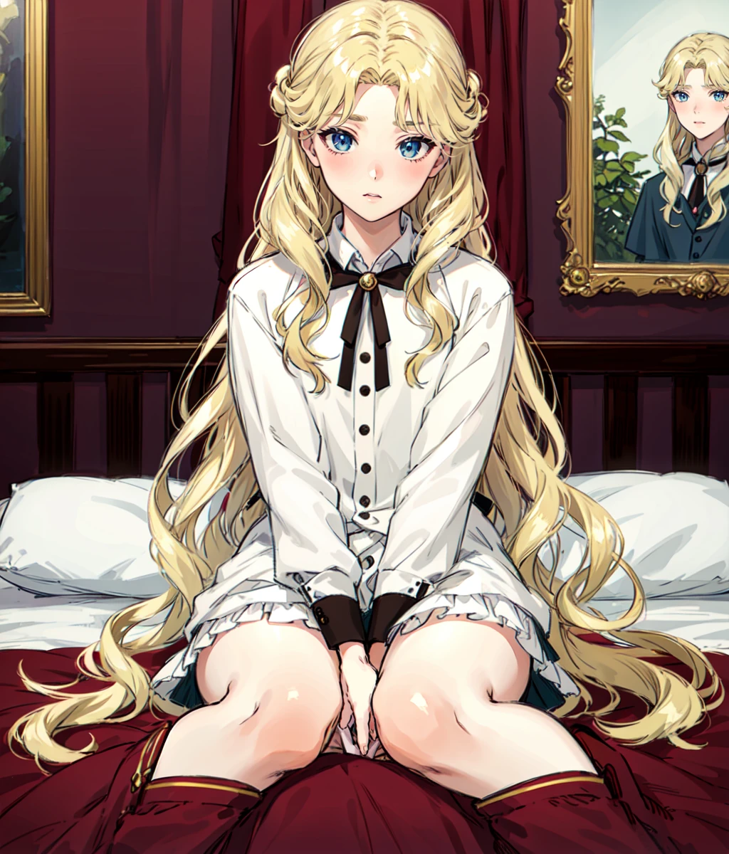 masterpiece, high res, detailed face, detailed eyes, anime screencap, 1 girl, scared, blushing, blonde, long hair, blue eyes, white shirt, bare legs, indoors, sitting on the bed, royal bed <lora:Julie:1>