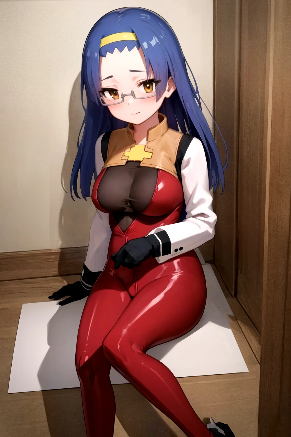 arrester_blanket, 1girl, insulator_suit, hairband, long_hair, glasses, red_bodysuit, black_gloves, white long_sleeves, <lora:Arrester_BlanketV2:1.0>, beautiful, (masterpiece:1.2), (best quality:1.2)