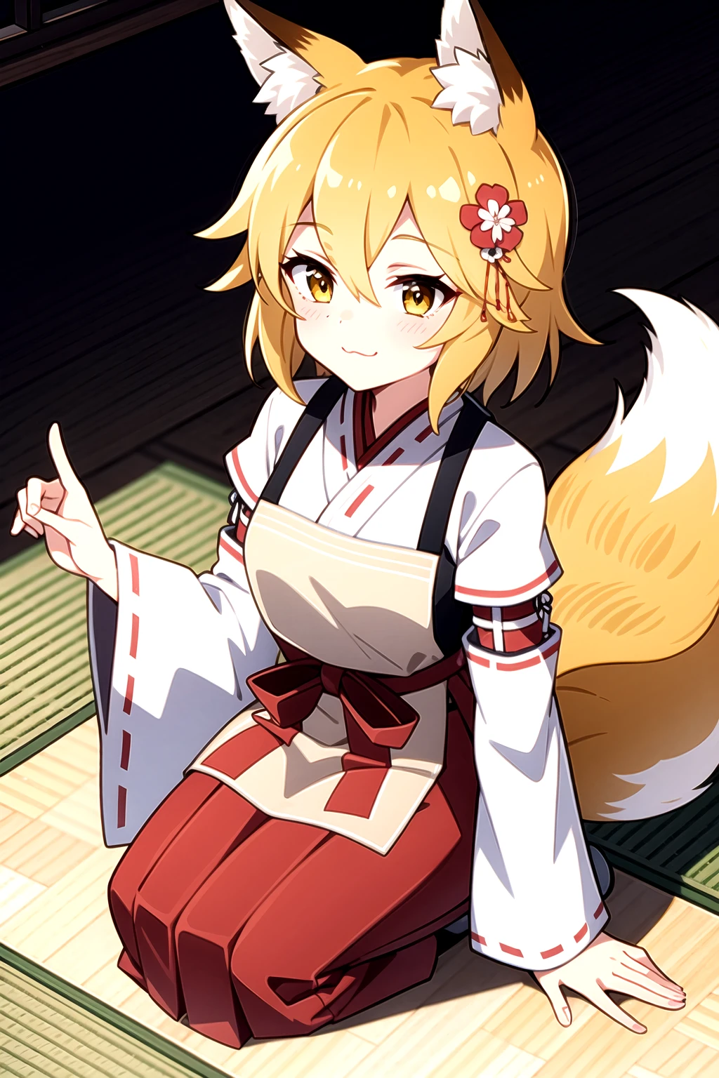 <lora:Senko-07:0.6>, EBSenko, 1girl, solo, looking at viewer, blush, smile, short hair, closed mouth, :3, skirt, blonde hair, hair ornament, long sleeves, animal ears, hair between eyes, tail, yellow eyes, flower, japanese clothes, hair flower, wide sleeves, kimono, apron, animal ear fluff, fox ears, fox tail, red flower, fox girl, ribbon trim, hakama, hakama skirt, ribbon-trimmed sleeves, white kimono, miko, red hakama, fox shadow puppet, brown apron, double fox shadow puppet, indoors, japanese architecture, upper body, sitting, kneeling, from above, looking up