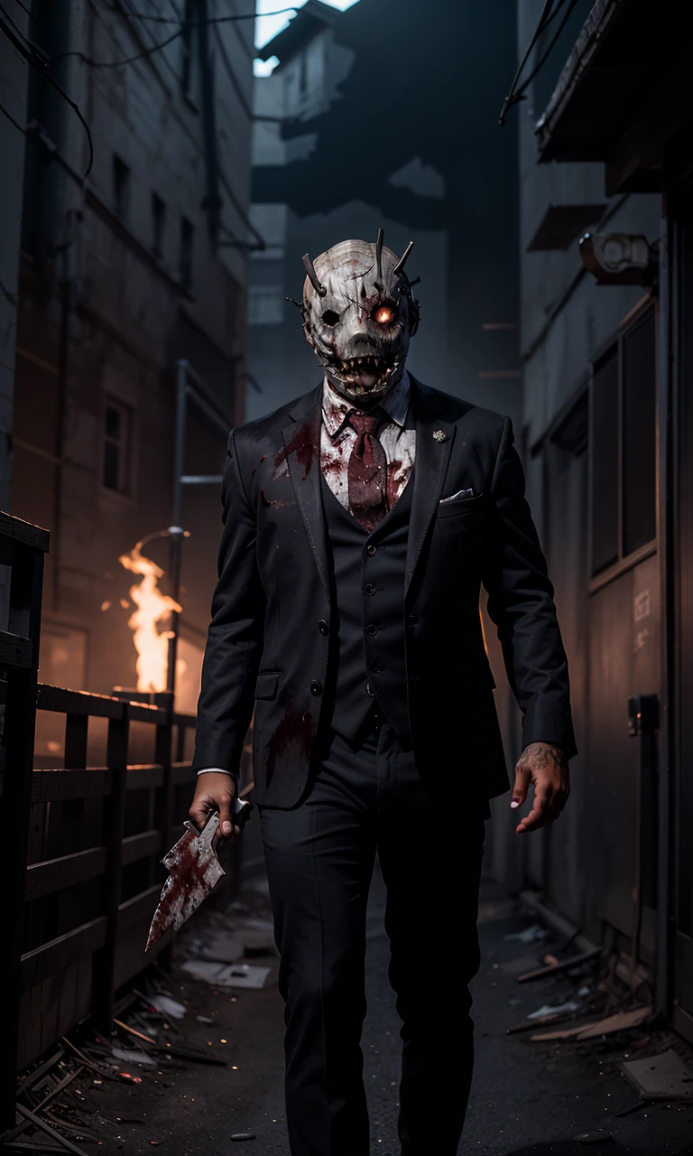 trappdbd2024, wearing business suit, best quality, masterpiece, photorealistic, raw photo, 1man, machete, mask, 1man,  bowtie, office, dirty skin, wounds, blood, full body, burned skin, scarred skin