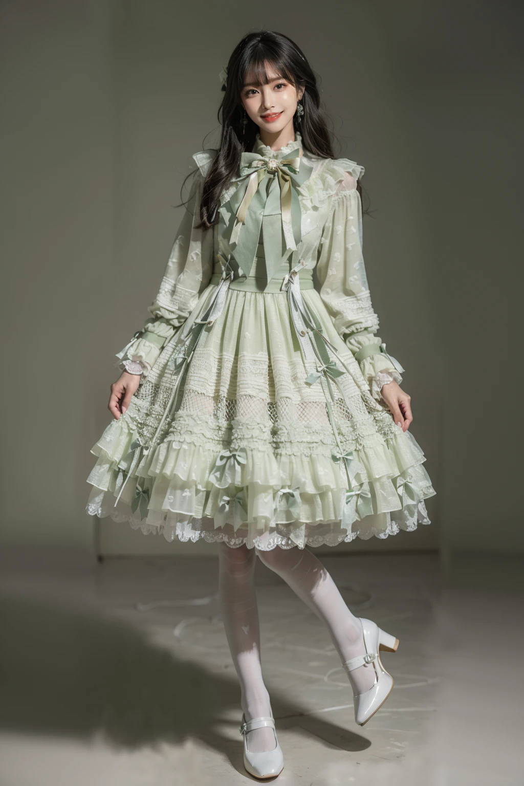 best quality, masterpiece, realistic, photorealistic, 1girl, solo, looking at viewer, light smile, full body, standing, long hair, black hair, bangs, green dress, cyb dress, frilled dress, layered dress, frills, bow, ribbon, long sleeves, white pantyhose, high heels, simple background, <lora:lo_dress_vol3_style1_v1:0.7>