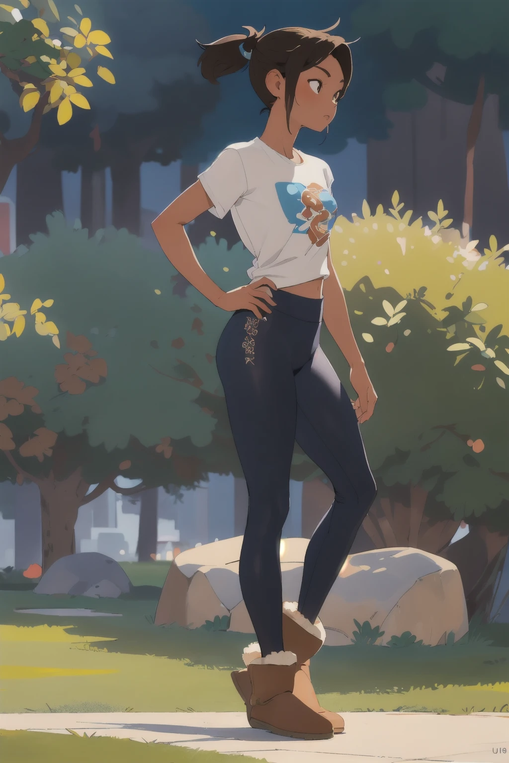 <lora:uggs_3750_lora_f32:1> uggs (masterpiece, best quality), 1girl, asian skin tone, (18|24|30|40) y.o, ponytail brown hair, graphic tee-shirt, blue leggings, (full body:1.3), park, front view