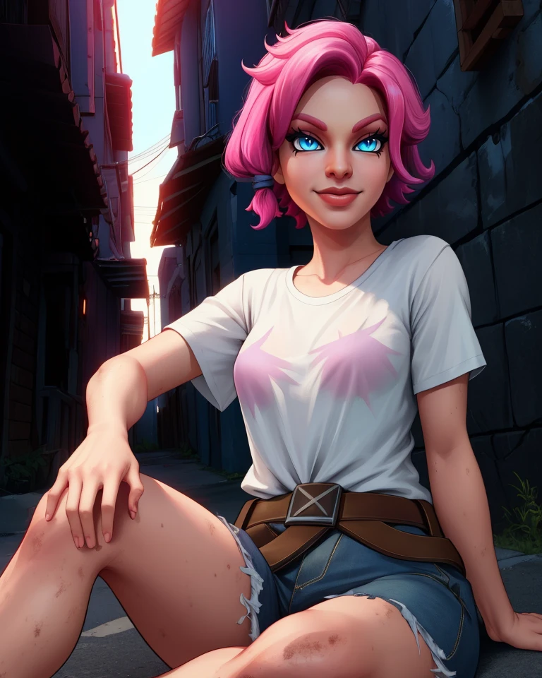 Meave,short pink hair with a hair knot,blue slit pupils,blue eyes,
belt,white shirt,short sleeves,dirty clothes,
smile,
sitting,
nighttime,outside,alley,dim lighting,
(insanely detailed, beautiful detailed face, masterpiece, best quality) fantasy,solo,<lora:meave:0.8>,