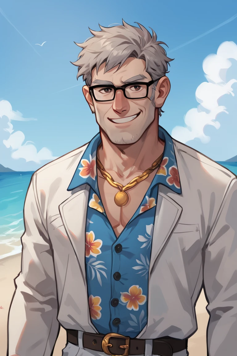 score_9, score_8_up, score_7_up, stanpines, solo, male focus, upper body, mature male, old man, short hair, grey hair, brown eyes, thick eyebrows, glasses, black-framed eyewear, facial hair, stubble, sideburns, smile, necklace, gold chain, chain, long sleeves, smile, white jacket, blue shirt, hawaiian shirt, belt, white pants, standing, outdoors, beach <lora:Stanley (Stan) Pines SDXL_LoRA_10r_10e_32i_nr32_a16_Pony Diffusion V6 XL:0.7> <lora:Smooth Anime Style LoRA XL:0.8>