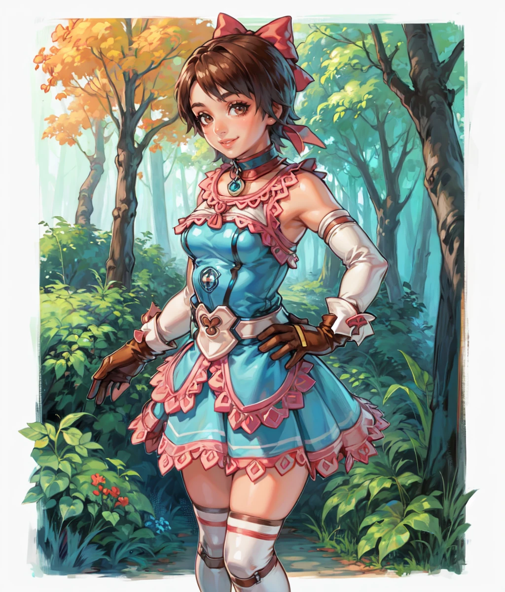 masterpiece, high res, detailed face, detailed eyes, 1 girl, solo, brown hair, brown eyes, short hair, giant pink ribbon on top of the head, high tighs, blue white outfit, blue elbow gloves, blue tighs, ring chocker, smile, standing, full body, outdoors, forest , cowboy shot <lora:Mel attempt:1>