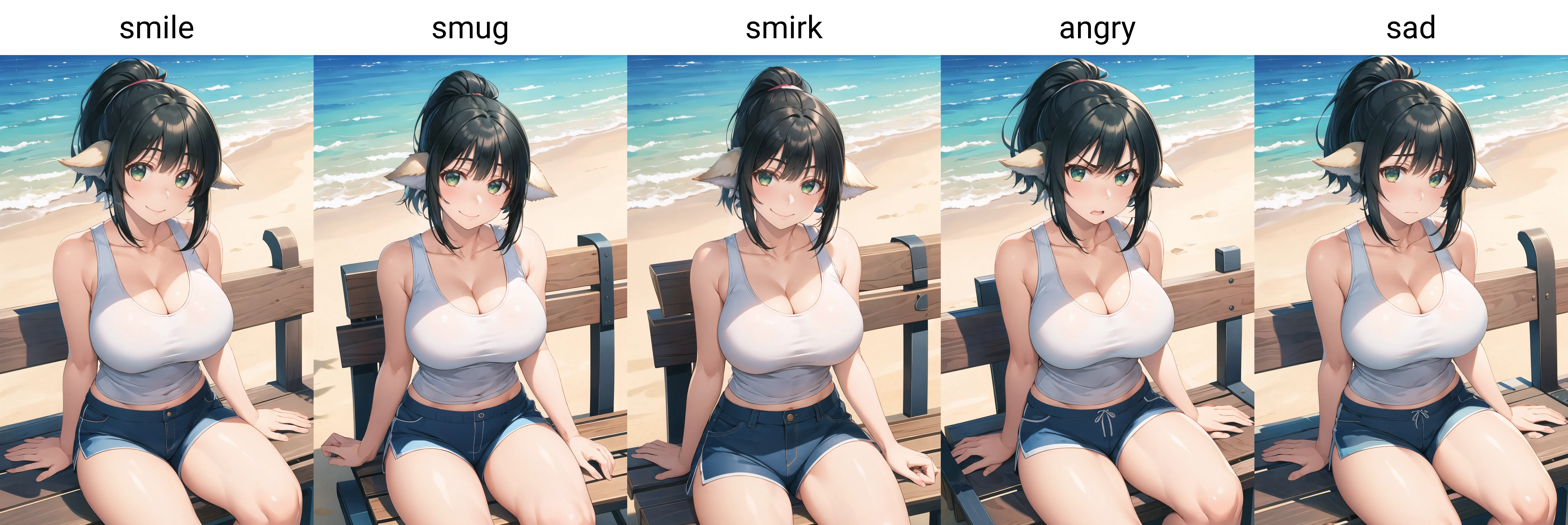 masterpiece, best quality, 1girl, solo, sitting, on bench, outdoors, beach, tank top, (white tank top:1.2), (black hair:1.2), green eyes, (smile), ponytail, blunt bangs, short hair, huge breasts, blue shorts, fox ears, <lora:amazuyu-tatsuki-Style_1083104:1>