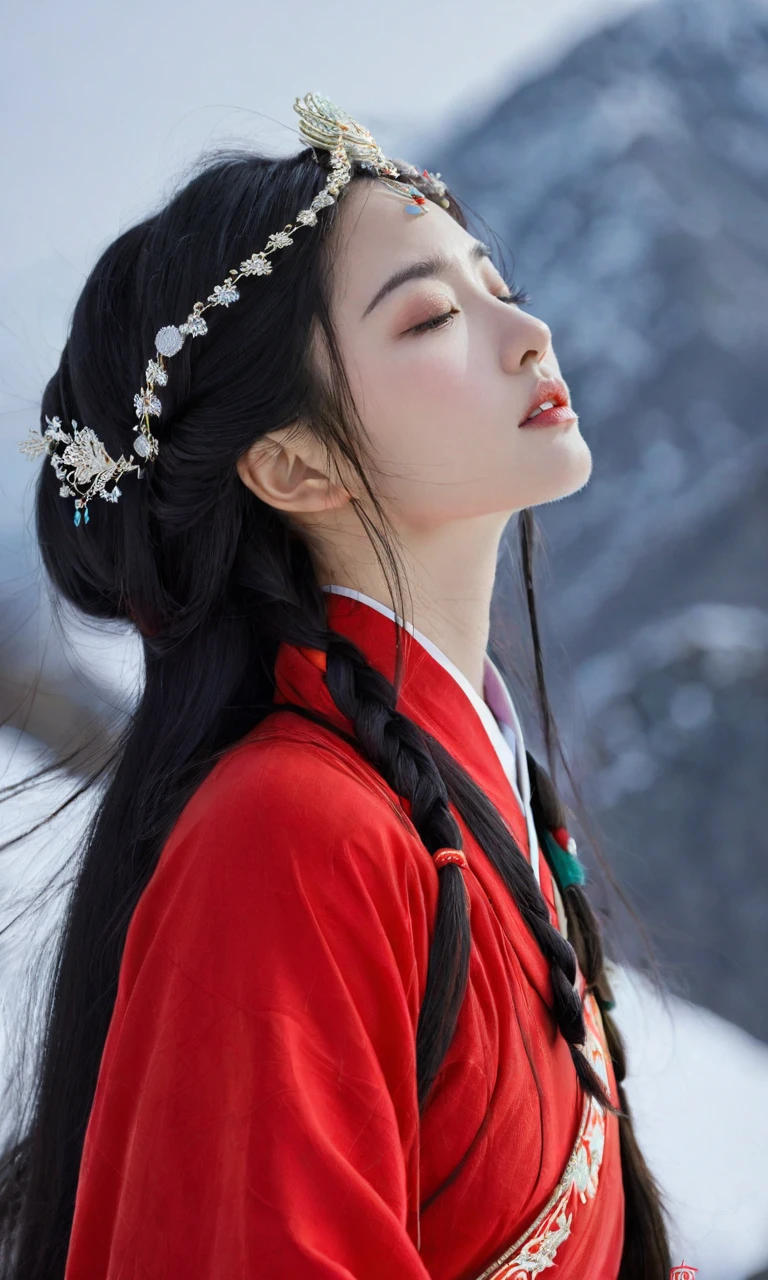 arien photography, chinese art photography, 1girl, solo, long hair, black hair, closed eyes, upper body, parted lips, circlet, blurry background, long sleeves, hair ornament, realistic, teeth, watermark, looking up, blurry, from side, outdoors, mountain, lips, tiara, braid, chinese clothes, web address