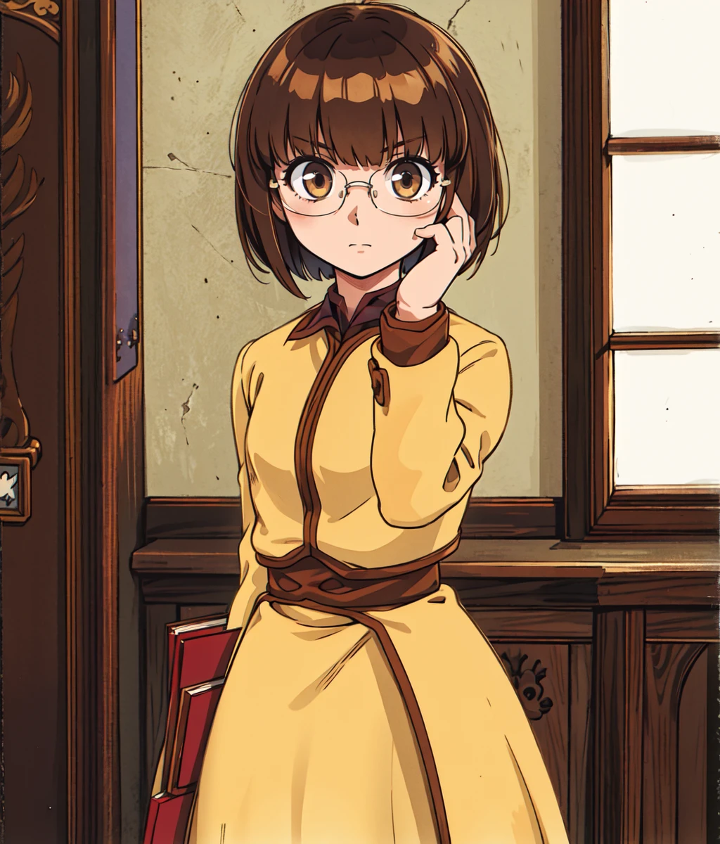 masterpiece, high res, detailed face, detailed eyes, anime screencap, 1 girl, slender, glasses. fixing glasses, touching glasses, smart, short hair, brown hair, yellow dress, indoors, full body, military tactics room, medieval, cowboy shot <lora:Apple:1>