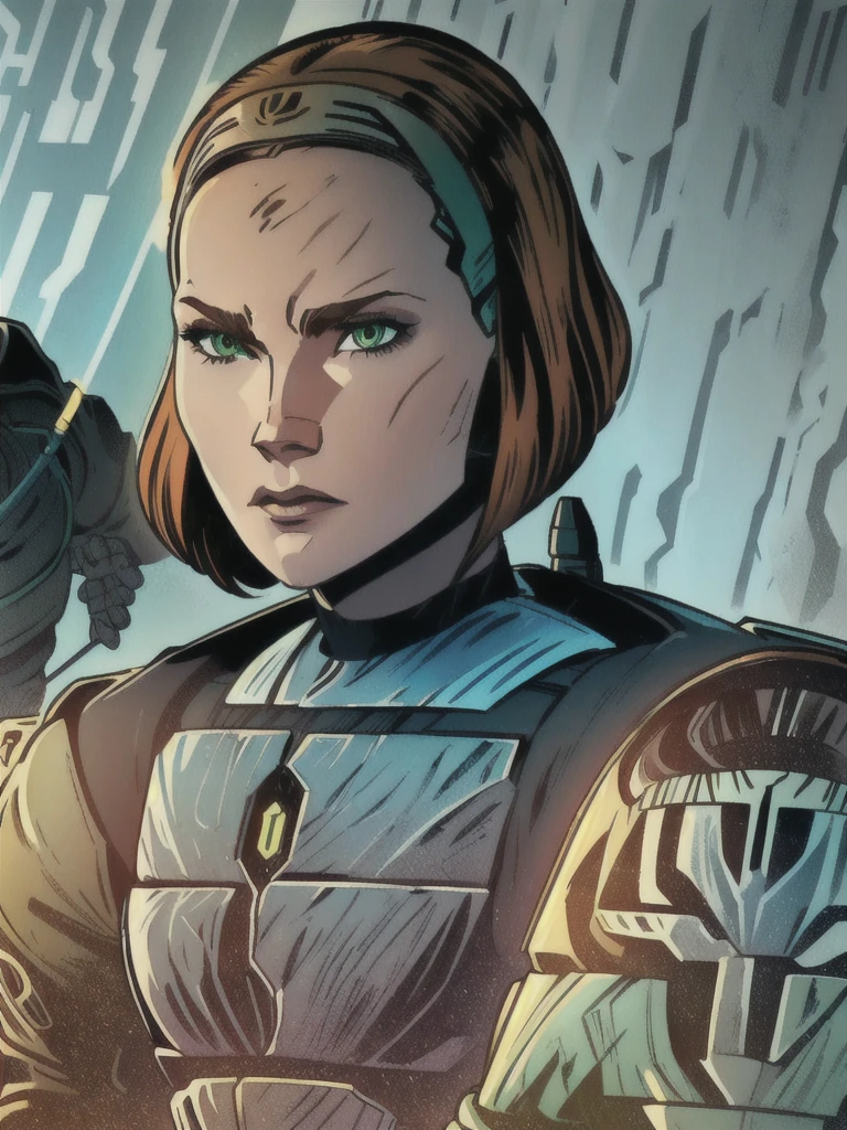 1girl, short brown hair, hairband, bokatan, green eyes, mandalorian armor, cowboy shot, serious face, looking at viewer <lora:obiwan:0.8> (high contrast, official art, extreme detailed, highest detailed) <lora:bokatan:1>