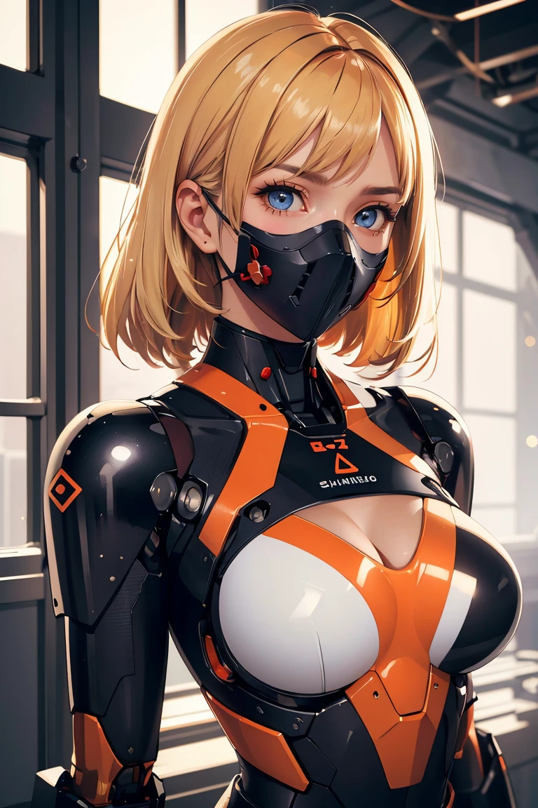 masterpiece, best quality,
Ray tracing, hdr, volumetric lighting,
cleavage, sexy,
1girl, mecha suit, samurai face mask, menpo, upper body, underboob, portrait, white orange armor, blonde shimmering hair, 8K, RAW, best quality, masterpiece, ultra high res, colorful, (medium wide shot), (dynamic perspective), sharp focus , (depth of field, bokeh:1.3), extremely detailed eyes and face, beautiful detailed eyes,large breasts,black gold, trimmed gear,In a futuristic weapons factory, ((masterpiece, best quality)), niji, from side, upper body, hips
