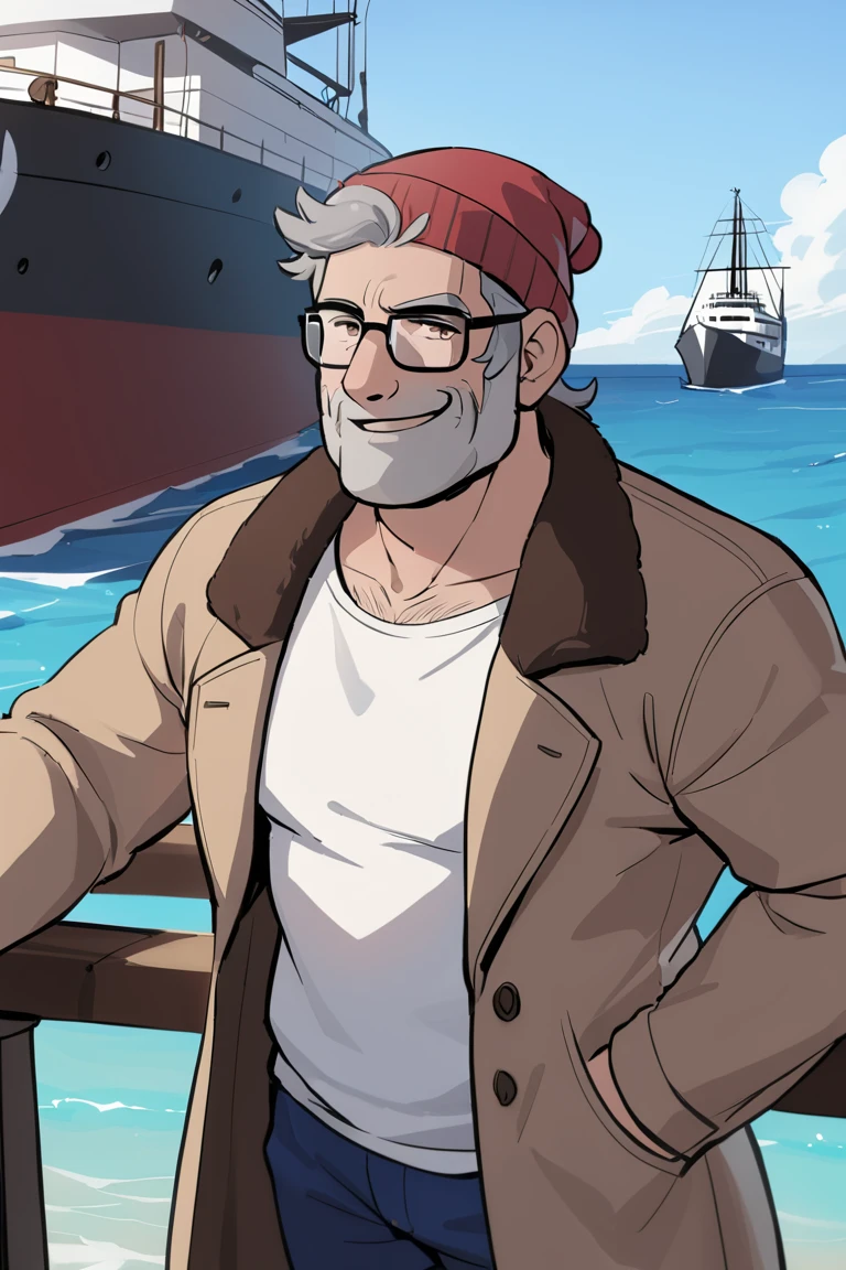 stanpines, solo, male focus, upper body, mature male, old man, short hair, grey hair, brown eyes, thick eyebrows, glasses, black-framed eyewear, facial hair, stubble, sideburns, smile, red beanie, white t-shirt, blue pants, coat, standing, outdoors, sea, ship, masterpiece, best quality <lora:Stanley (Stan) Pines SDXL_LoRA_10r_10e_32i_nr32_a16_Animagine XL V3:0.7>