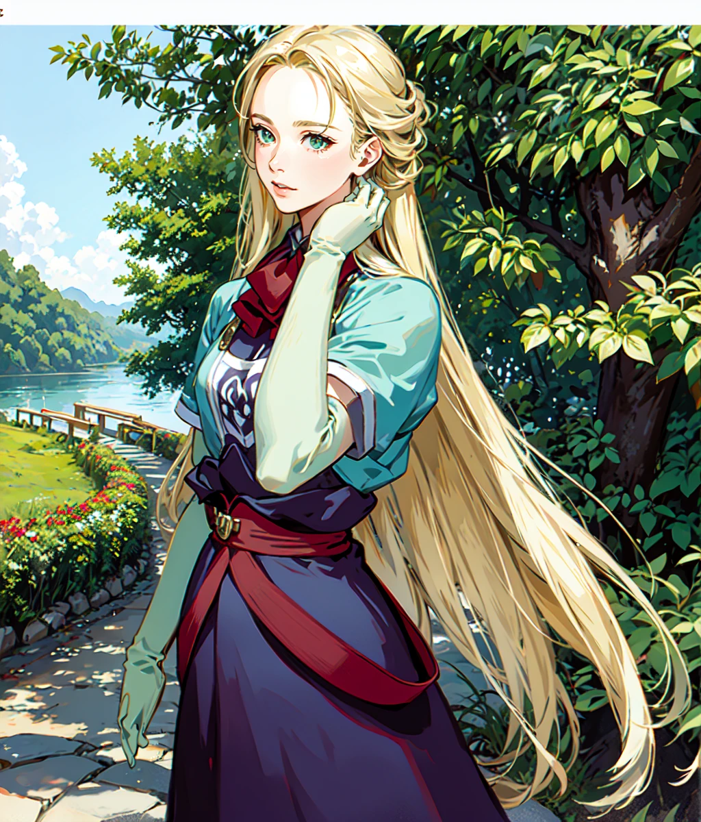 masterpiece, high res, detailed face, detailed eyes, anime screencap, 1 woman, woman, mature, solo, hair on wind, hand on hair, blonde hair. long hair, green eyes, forehead, blue outfit, elbow gloves, standing, full body, outdoors, green hill,  medieval, cowboy shot  <lora:Teresa:1>
