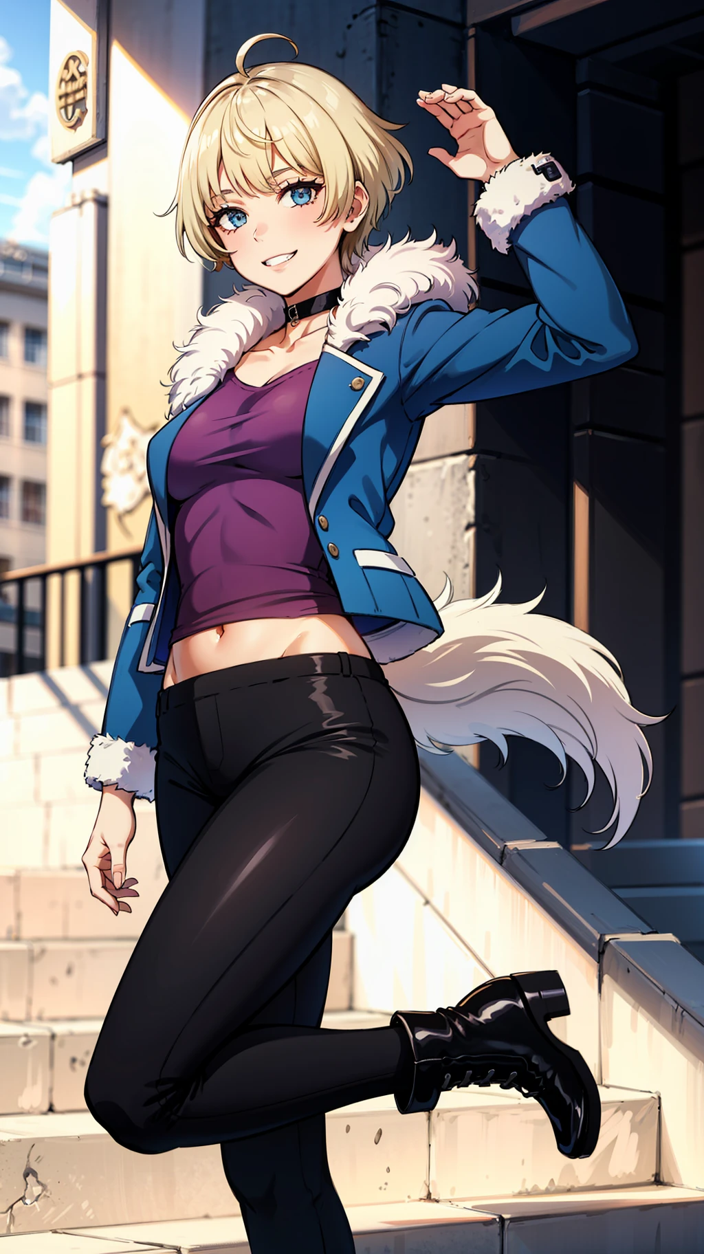 masterpiece, best quality,1girl, solo, facing viewer, <lora:EPfeMerrin-07:0.7> EPfeMerrin, blonde hair, short hair, absurdres, ahoge, black choker, black footwear, black pants, blue jacket, boots, choker, collarbone, commentary request, cropped jacket, fake tail, feet out of frame, fur-trimmed jacket, fur trim, grin, highres, jacket, leggings, long sleeves, open clothes, open jacket, pants, purple shirt, shirt, smile, standing, thighs