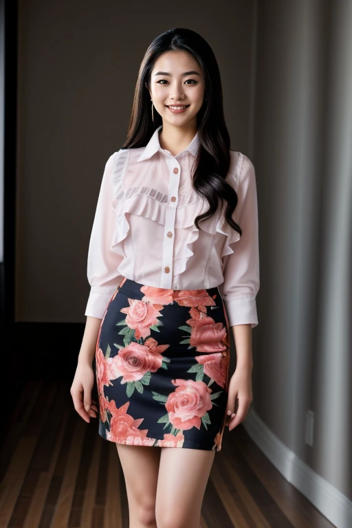 ((Masterpiece, best quality, cinematic lighting, 8k, full body shot, long hair)), (smile:0.85), (realistic scenic background)
<lora:Ruffled_Office_Dress_By_Stable_Yogi:0.8> ruffled shirt, floral print pencil skirt