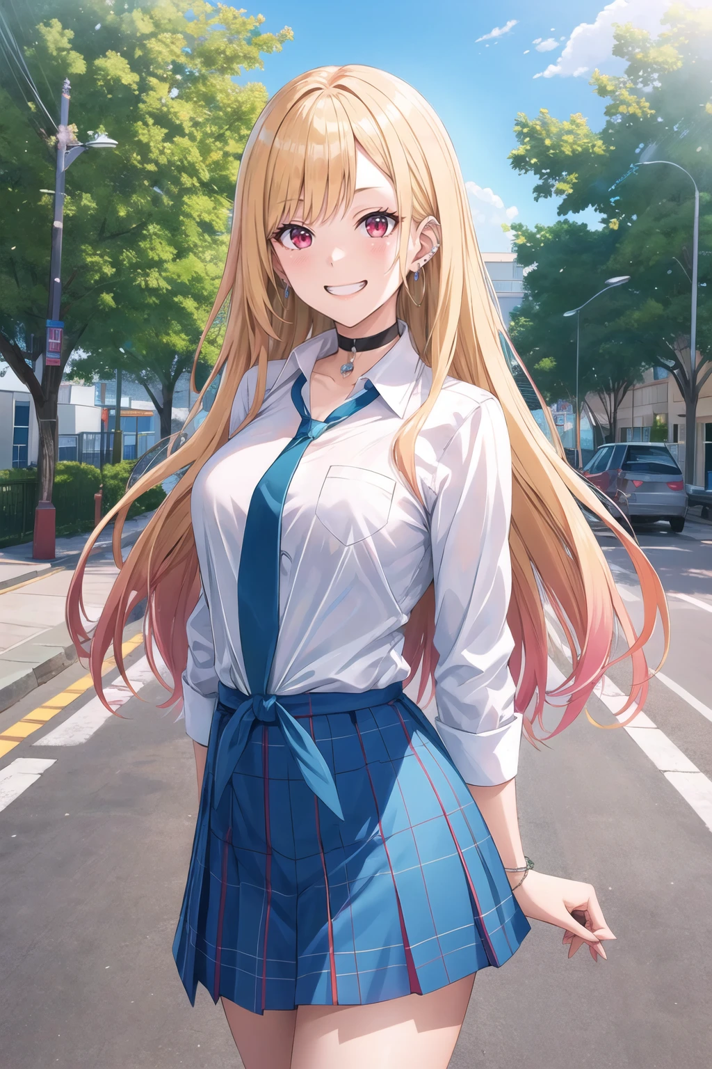 masterpiece, best quality, highres, kitagawa marin, 1girl, blonde hair, long hair, multicolored hair, red eyes, jewelry, earrings, piercing, school uniform, white shirt, tied shirt, black choker, blue necktie, plaid skirt, <lora:kitagawa_marin_v1-1:0.7>, grin, smile, standing, cowboy shot, outdoors, blue skirt <lora:Akaza-Styke_8880:1>