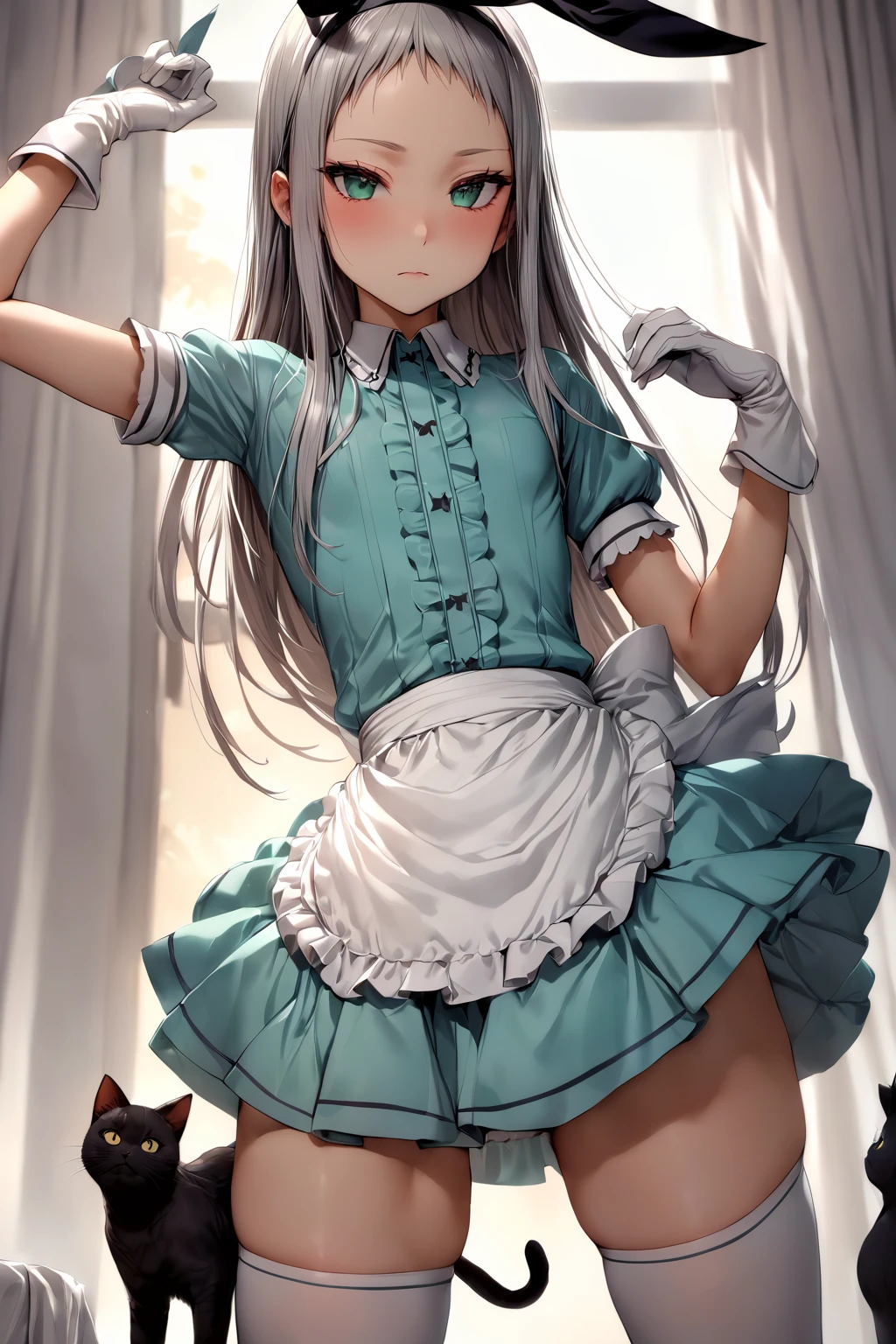 masterpiece, best quality, 1boy, <lora:spblendsKanzakiHideriXL:1> hideridef, otoko no ko, hair bow, black hairband, dress, short sleeves, frills, waist apron, frilled apron, skirt, white gloves, white thighhighs, black cat, blurry, cat, depth of field, grey cat, arm up, closed mouth, solo, standing