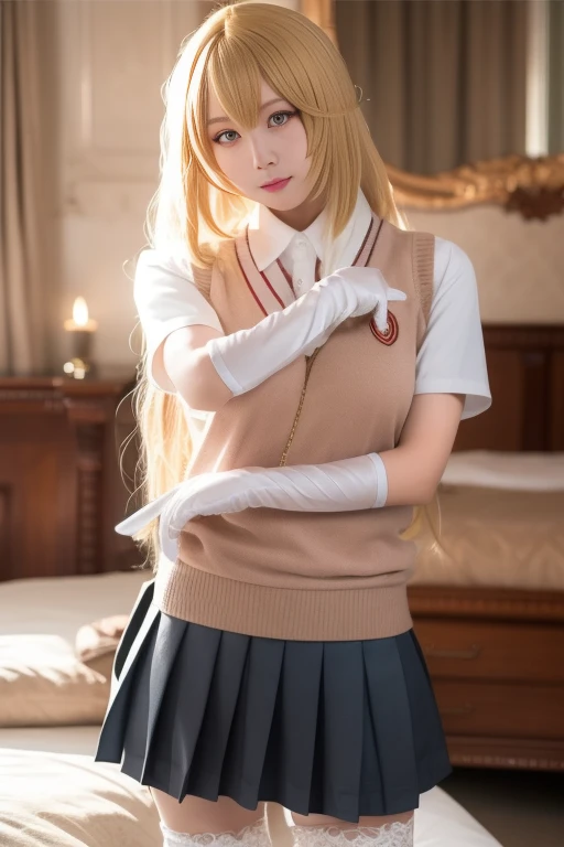 ltra-detailed,highly detailed,best quality,masterpiece,illustration,realistic,photorealistic,
shokuhou misaki, 1girl, solo, cosplay,
tokiwadai school uniform, lace-trimmed gloves, thighhighs, sweater vest, pleated skirt, zettai ryouiki, spider web print,
long hair, blonde hair, bangs,
looking at viewer, cowboy shot,
indoors, bedroom,
<lora:shokuhou misaki_v1_06:1.0>