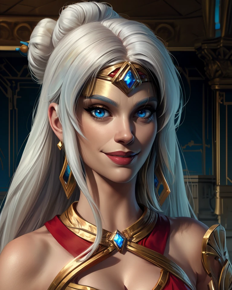 Lian,long white hair,single hair bun,hair stick,bangs,blue eyes,solo,smiling,
standing,upper body,
bare shoulders,red dress,gold jewelry,circlet,cleavage,gem,
royal castle,indoors,
(insanely detailed, masterpiece, detailed face, best quality),<lora:Lian:0.8>,