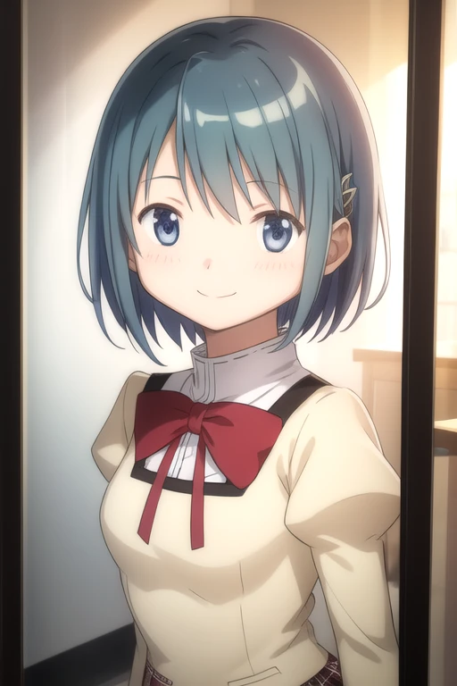 ((masterpiece)),(best quality),official art,extremely detailed CG,unity 8k wallpaper,ultra detailed,beautiful detailed eyes,extremely detailed face,1girl,solo,upper body,(portrait:1.5),looking at viewer,facing viewer,smile,short_hair,blue_hair,hair_ornament,hairclip,sidelocks,bangs,blue_eyes,mitakihara_school_uniform,puffy detached sleeves,red_bowtie,medium breasts,long_sleeves,pleated skirt,plaid_skirt,black socks,loafers,<lora:Miki Sayaka(pmmm)>,