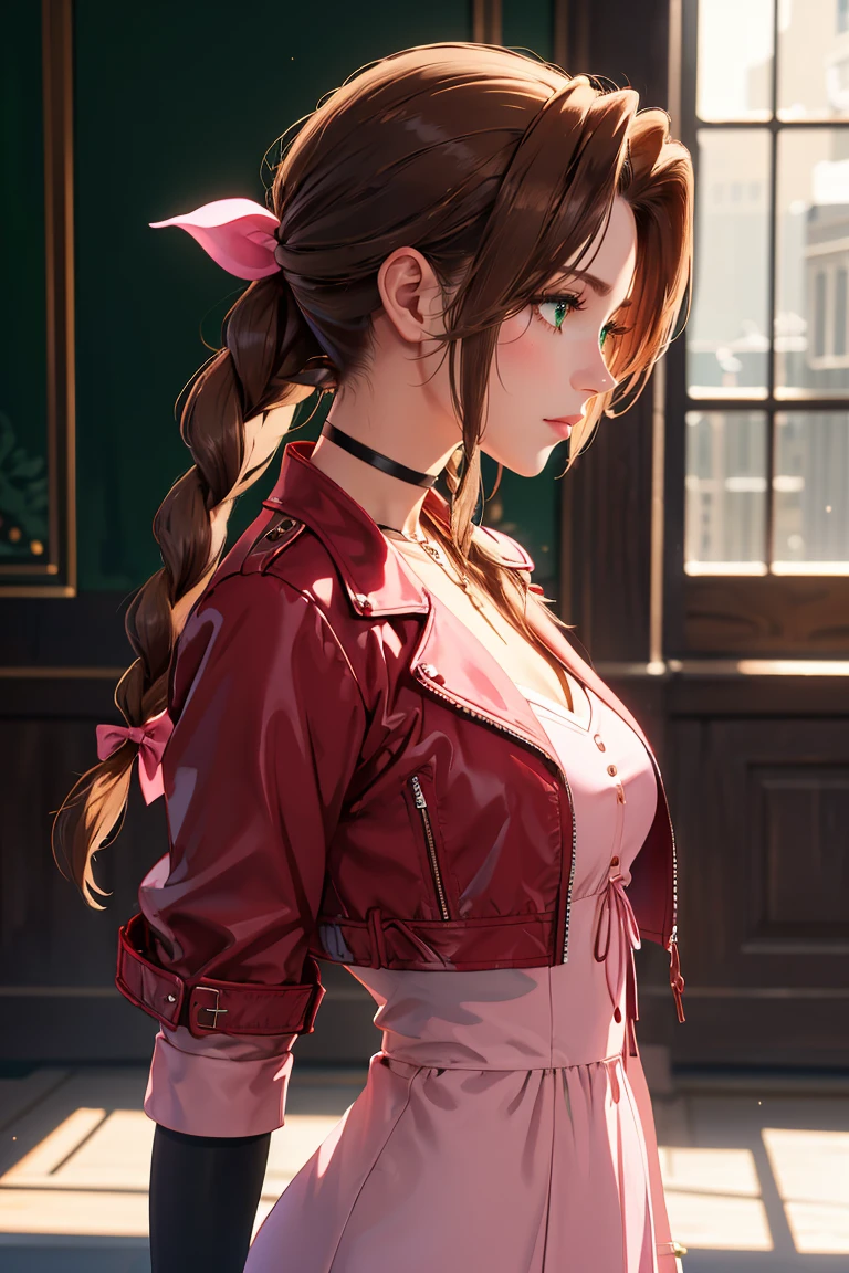 masterpiece, best quality,
Ray tracing, hdr, volumetric lighting,
 <lora:AerithgainsBorough_FinalFantasy_FefaAIart:0.8>, aerith gainsborough, choker, red cropped jacket, hair bow, bracelet,  brown boots,  brown hair, sidelocks, parted bangs, green eyes, braid, pink dress,
(from side:1.3), (side view:1.3),