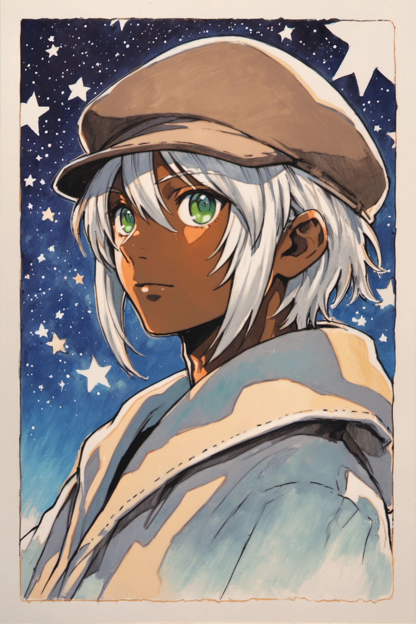 solo, hat, green eyes, dark skin, male focus, 1boy, night, star (sky), sky, night sky, cabbie hat, starry sky, androgynous, white hair, dark-skinned female, dark-skinned male, upper body, traditional media, <lora:Yasuda akira_XL:0.8>