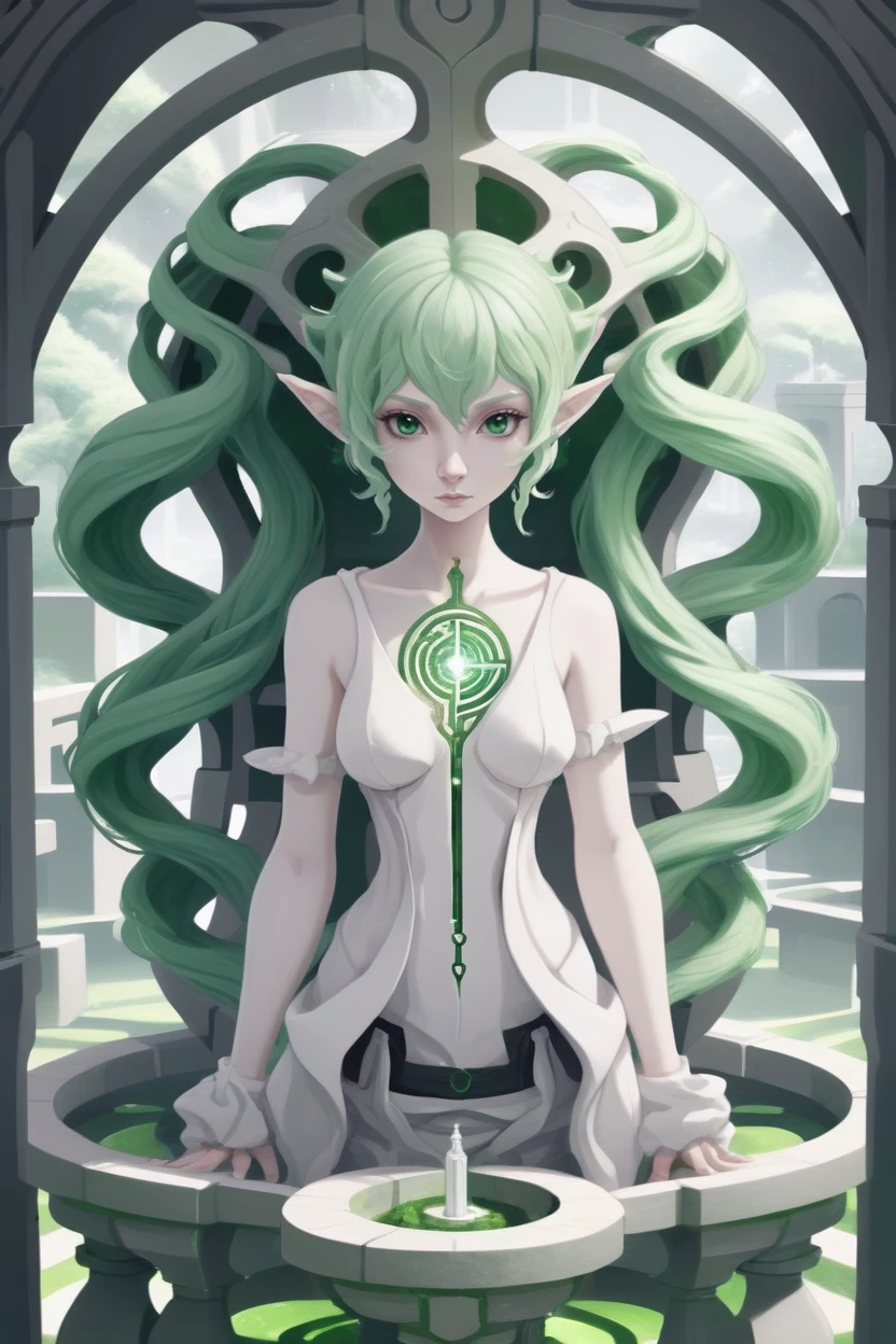 Everchanging Maze1girl, woman, priestess, elf, bombshell hair, green hair, pixie cut, hourglass figure, caucasian<lora:EnvyColorSliderXL01:-1>