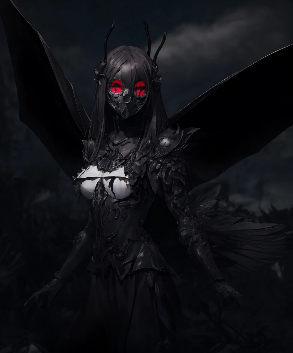 (masterpiece: 1.1), (best quality: 1.1), (detailed: 1.3), dark theme, horror, monster girl, eldritch abomination, monster, red eyes, wings, mask, bug, antennae, arthropod girl, gas mask, insect wings, cowboy shot, outdoors, <lora:deep_beast-10:1>, <lora:LowRA:0.8>