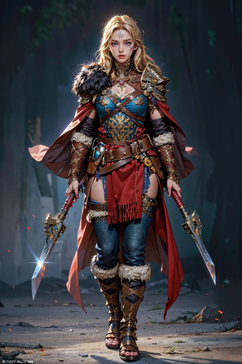 (masterpiece:1.2, best quality), (photorealistic:1.2), Viking_dual_V1, viking, solo, standing, 1girl, ((full body)), (holding sword, dual wielding), armor, boots, fur trim, shoulder armor, belt, pants, pauldrons, cape, scar, tattoo, facial tattoo <lora:Viking_dual_V1:0.45>