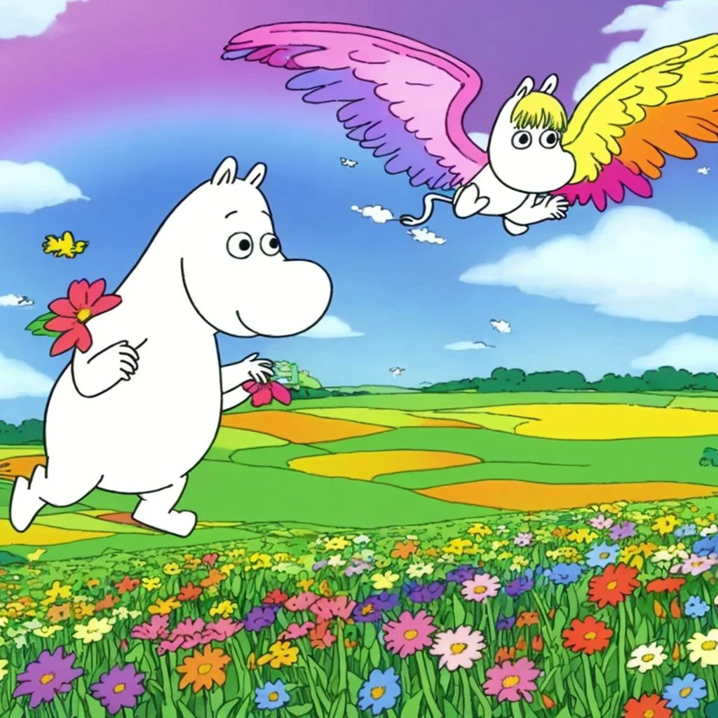 A rainbow Moomin with wings flying above a field of flowers <lora:SD15-Moomin-LoRA:0.8>