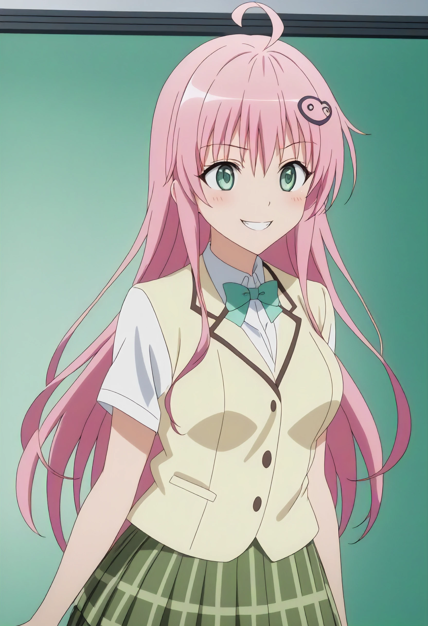 masterpiece, anime screenshot, 1girl, solo, laladeviluke, pink hair, green eyes, happy, smiling, simple neutral color background, school uniform, striking pose