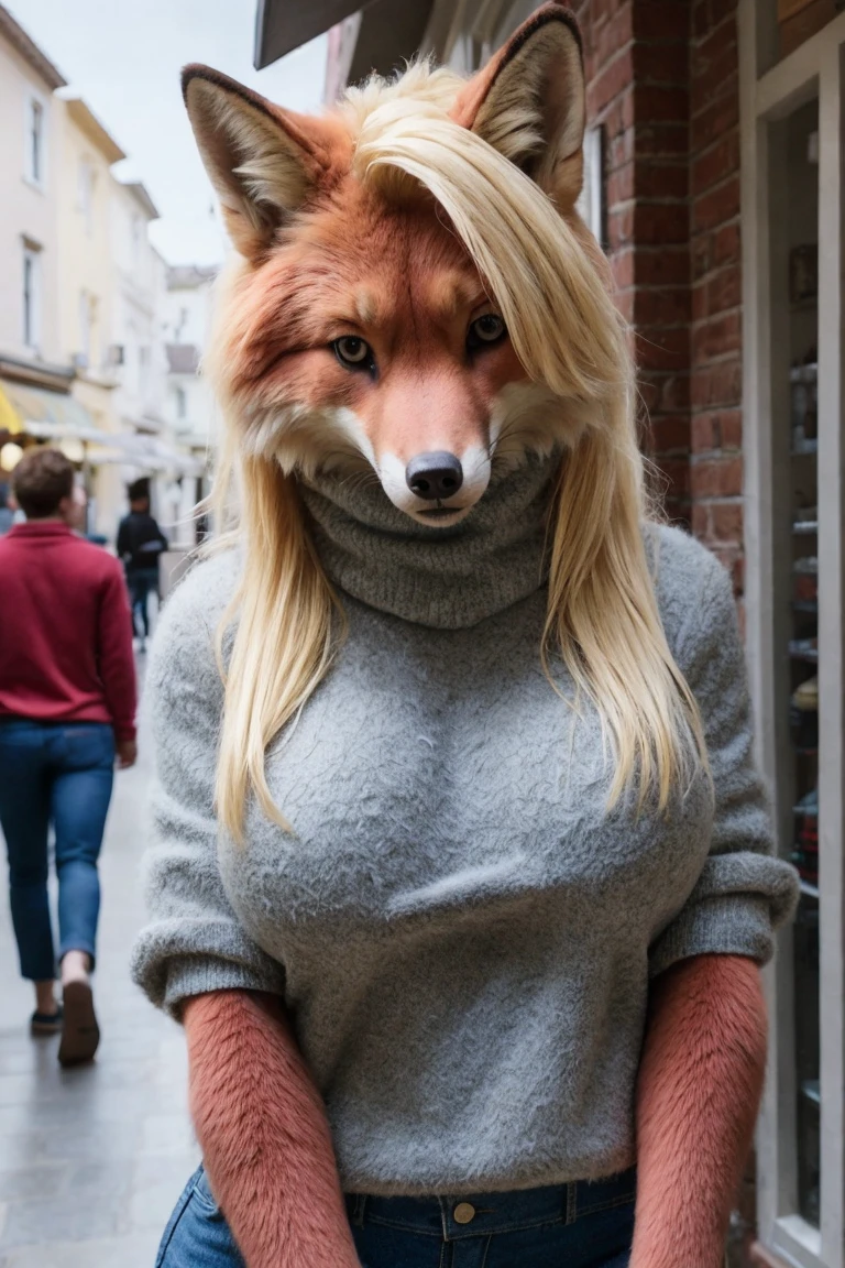 RAW Photo, posing, realistic, 1girl, solo, furry, anthro, (extremely detailed fluffy fur)1.4, fox girl, long hair, red fox, blonde hair, (red fur)1.2, body fur, green eyes, clothed, black turtleneck sweater, blue denim short shorts, large breasts, upper body, looking at viewer, detailed face eyes and fur, town, shopping