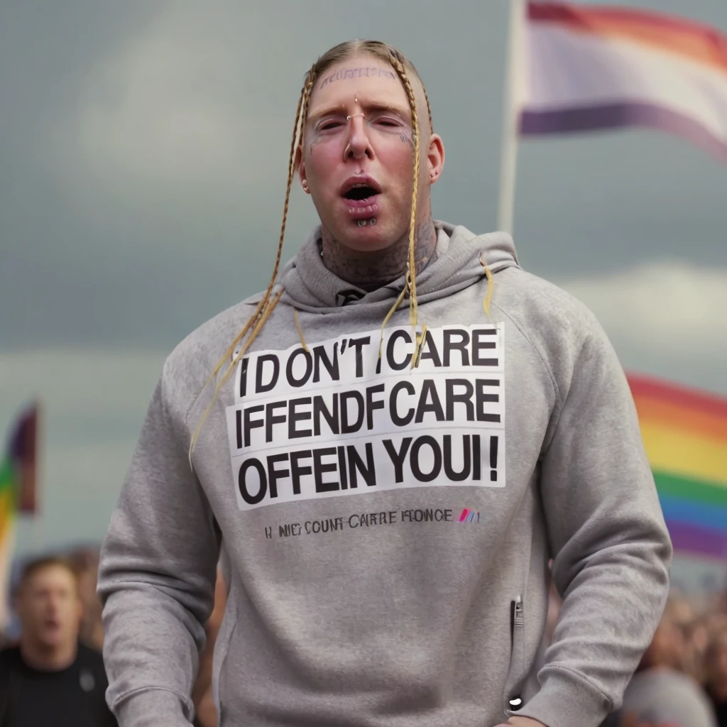 tommacdonald, wearing a grey sweater that says I DONT CARE IF I OFFEND YOU, crying, half body shot, at a gay pride parade, rainbow flag in the background, f/1.8 50mm photo <lora:tommacdonald:1>