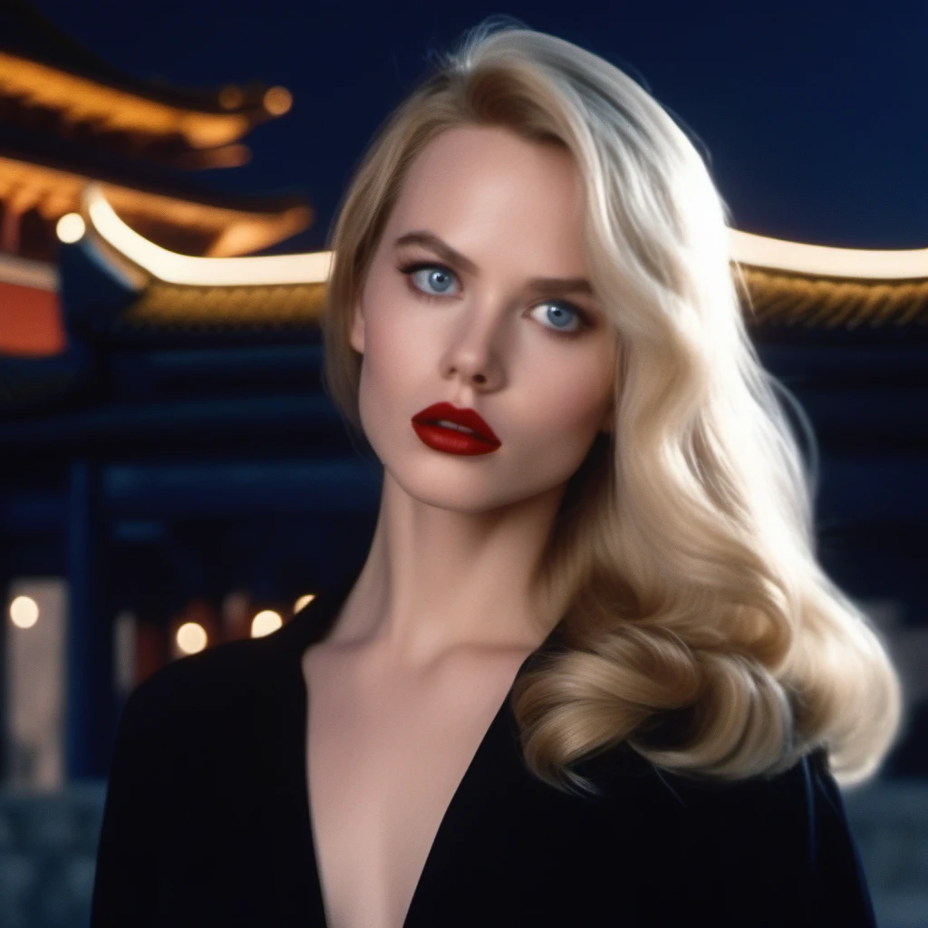 Ultra realistic extremely beautifully detailed 8k picture of 1 gorgeously cute and cool blonde woman dr chase meridian in a black dress and red lipstick exploring a forbidden city at night, extremely detailed eyes mouth and facial features, gorgeous breathtaking composition and epic cinematic lighting <lora:dr chase meridian:0.8>