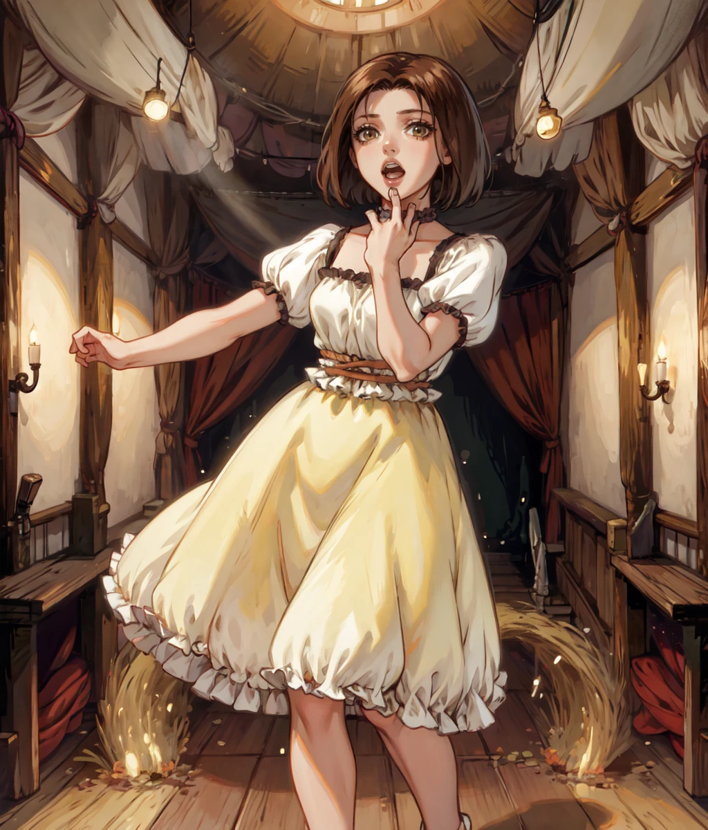 masterpiece, high res, detailed face, detailed eyes, anime screencap, 1 girl, ((singing)), stage, tavern, band, slender, short hair, brown hair, yellow dress, white shirt, hands together, hands on chest, singing, indoors, full body, stage, tavern, music, cowboy shot  <lora:Annallee:1>