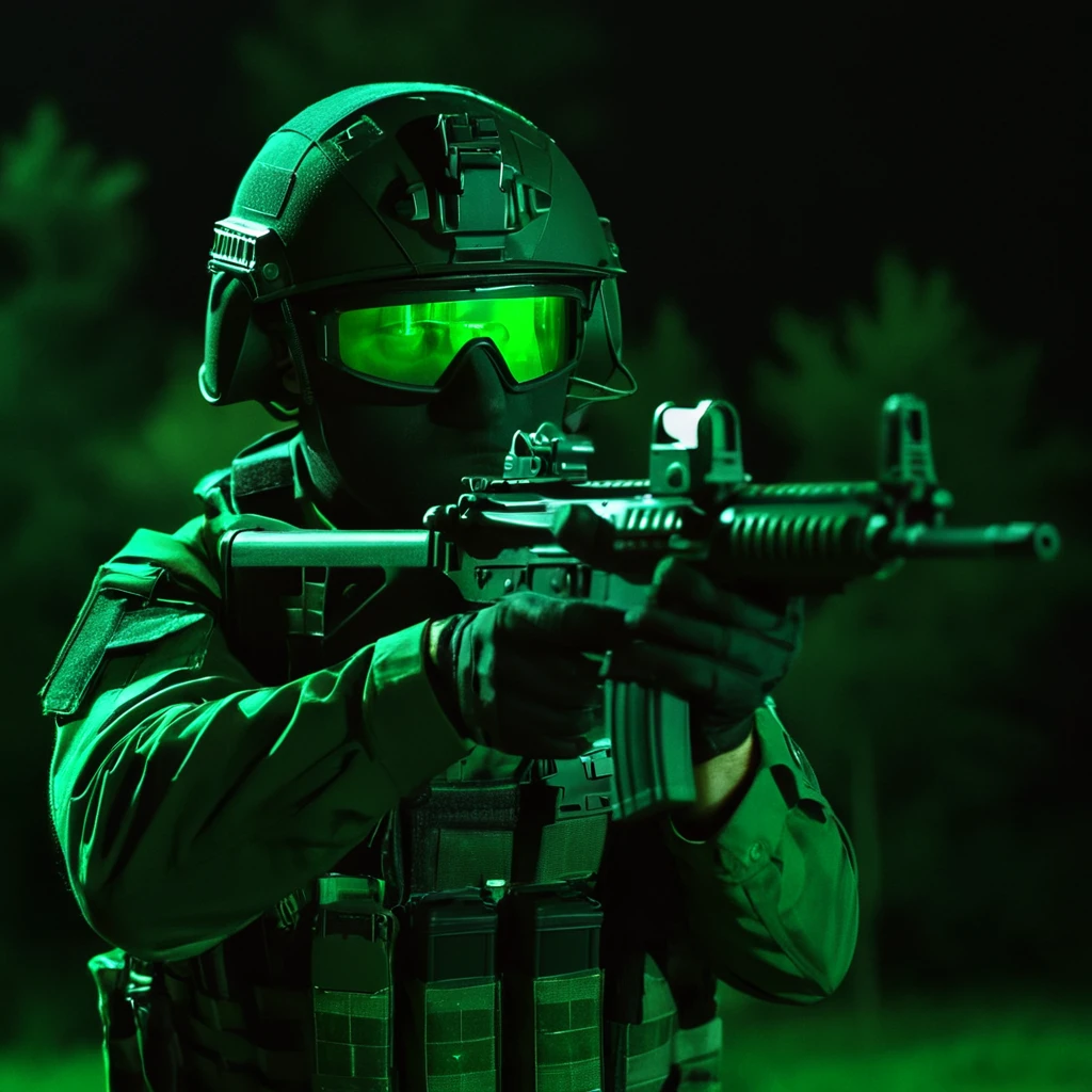 cinematic film still of  <lora:Modern Warfare style:1>
Night-vision a military man in a military uniform holding a submachine mp5 gun with green nigh vision on  outdoors at night modern warfare style,gloves,holding,monochrome,weapon,holding weapon,gun,helmet,holding gun,rifle,science fiction,assault rifle,aiming,scope
, shallow depth of field, vignette, highly detailed, high budget, bokeh, cinemascope, moody, epic, gorgeous, film grain, grainy