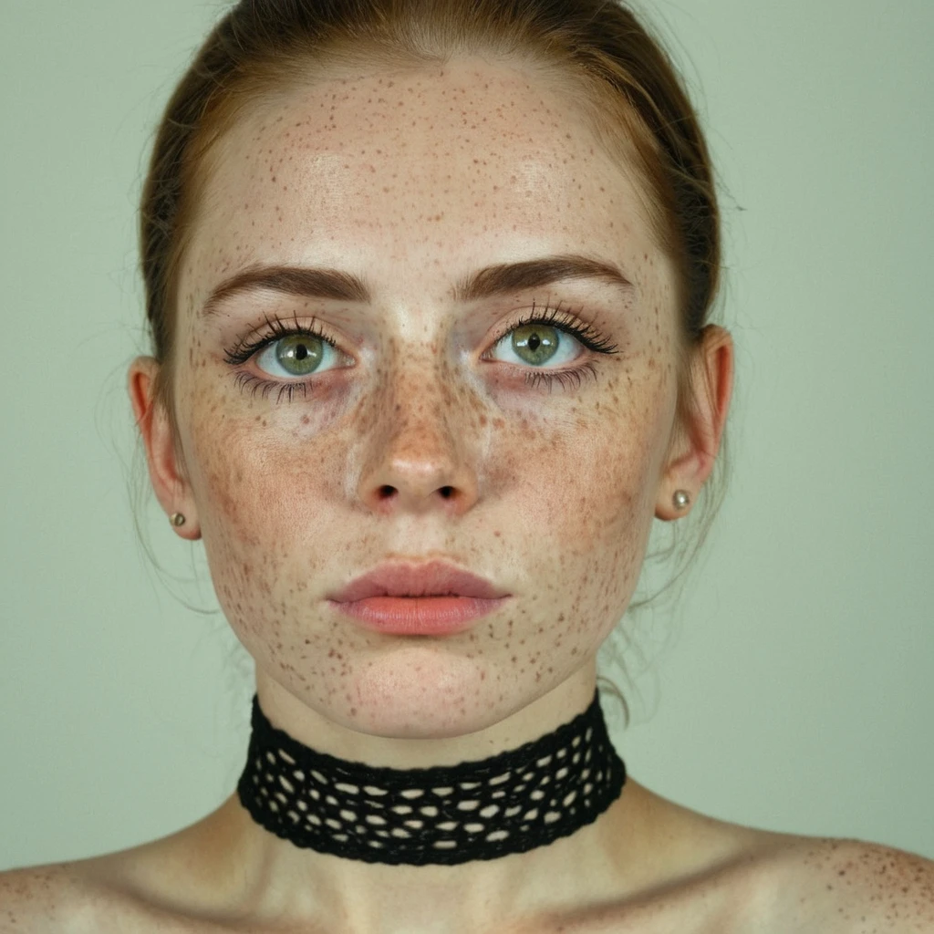 <lora:90B28AE8F5:0.7> woman with extreme freckles wearing a choker he has natural-looking skin staring forward, hd, sharp focus, shot with a canon, detailed skin texture, upper body,