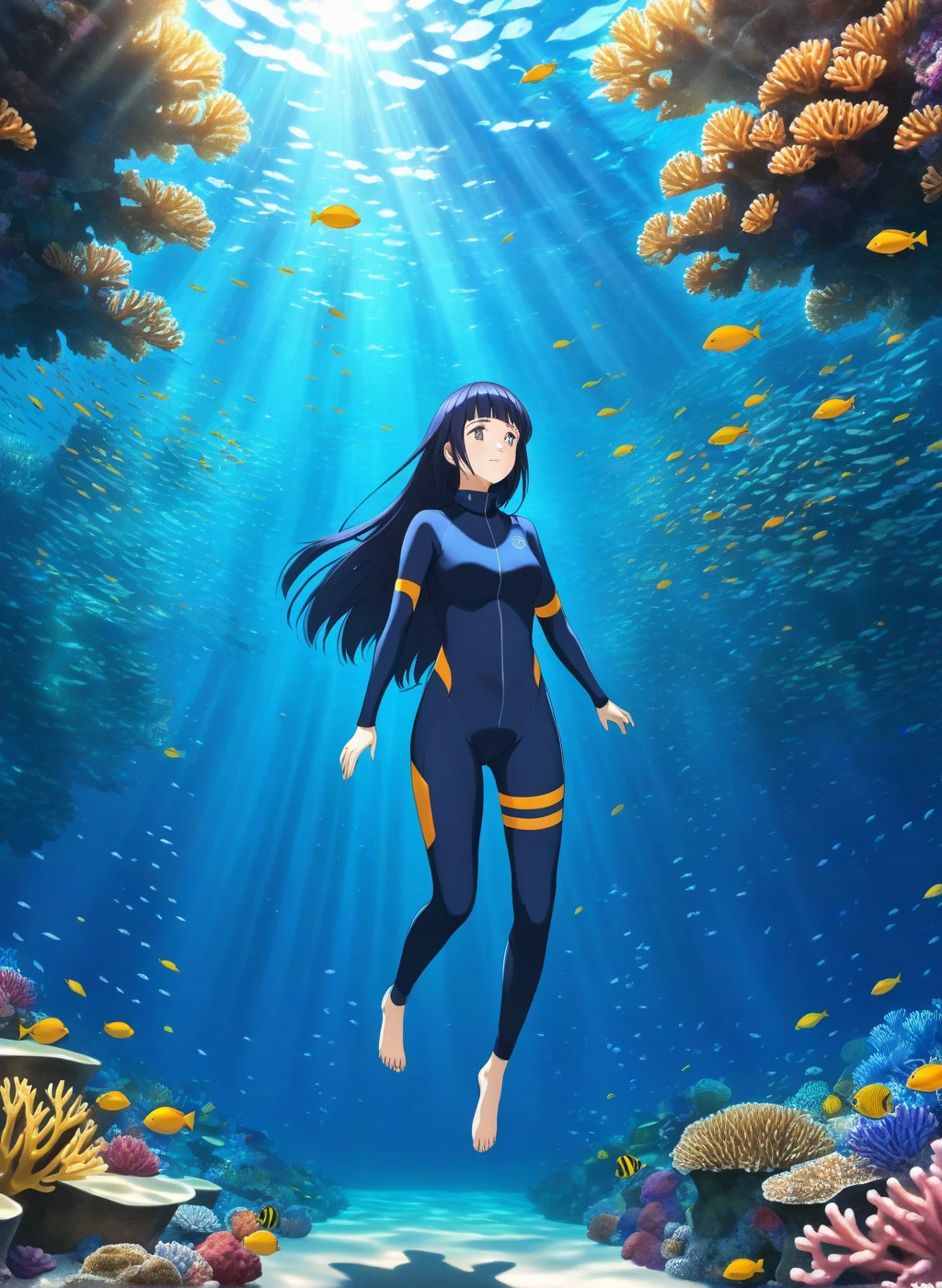 adult-hinata, scub-suit, underwater coral-reef, floating long hair, underwater shadows reflections effects texture [studio lighting, HDR, UHD, 64K]