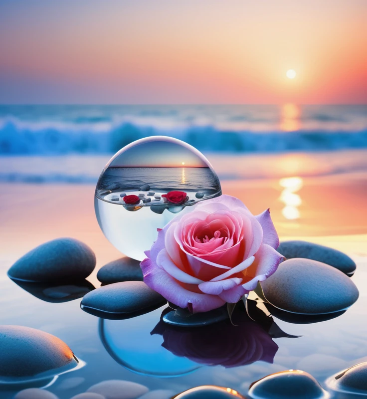 waning moon. flowers roses, stones transparent and diamond crystal in water, on the beach, fantasy, smoke , photo, HD, 8K ,