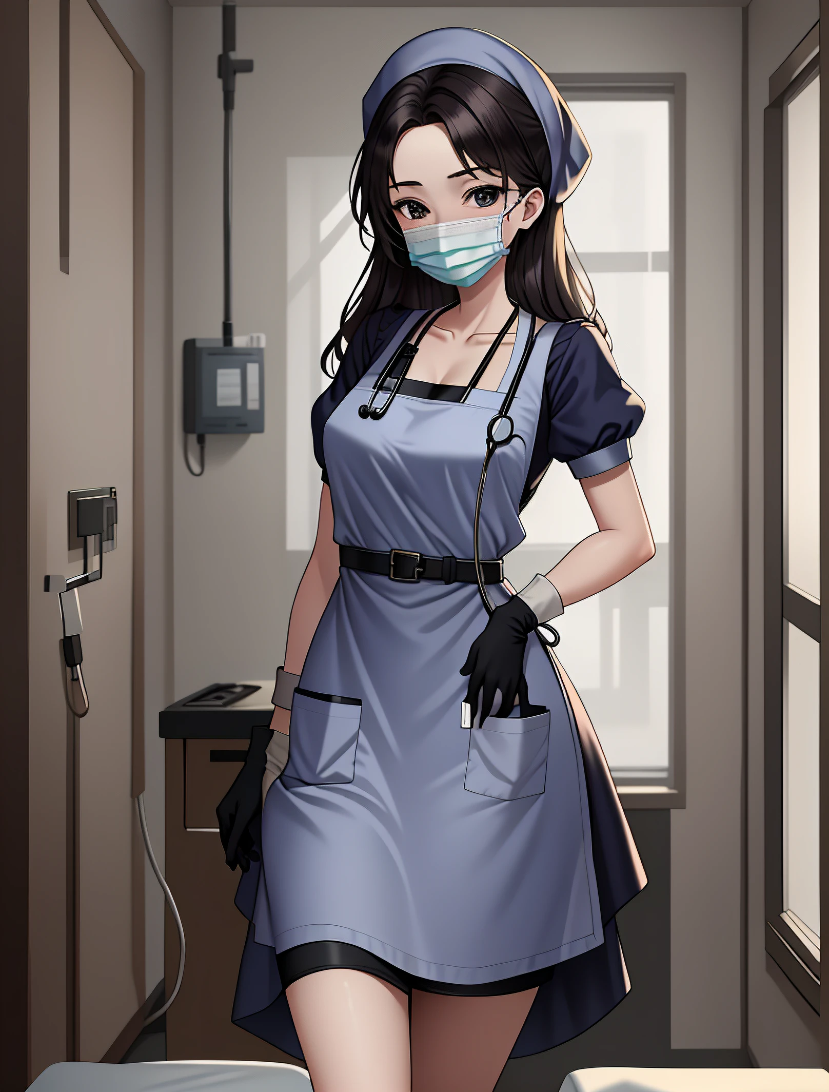 Female beauty, black ponytail, smile, A cup nurse, short skirt, fair thighs