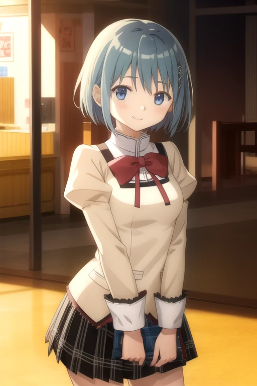((masterpiece)),(best quality),official art,extremely detailed CG,unity 8k wallpaper,ultra detailed,beautiful detailed eyes,extremely detailed face,1girl,solo,cowboy shot,looking at viewer,facing viewer,smile,short_hair,blue_hair,hair_ornament,hairclip,sidelocks,bangs,blue_eyes,mitakihara_school_uniform,puffy detached sleeves,red_bowtie,medium breasts,long_sleeves,pleated skirt,plaid_skirt,black socks,loafers,<lora:Miki Sayaka(pmmm)>,