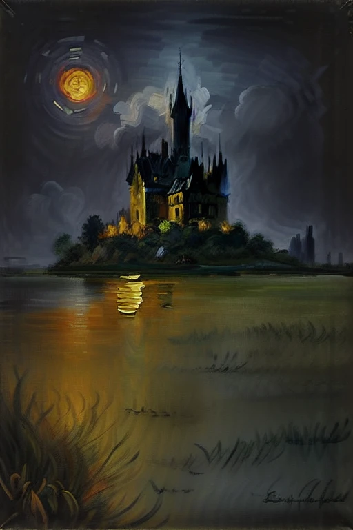 dark, castle, black sky, gloom, oil painting style, golden yellow