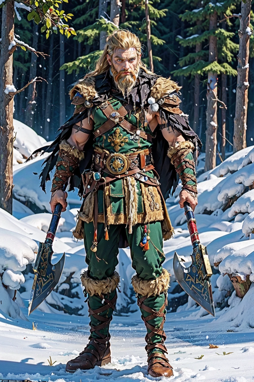 (masterpiece:1.2, best quality), (photorealistic:1.2), Viking_dual_V1, viking, solo, standing, 1boy, beard, ((full body)), ((muscular:1.2)), ((holding axe, dual wielding)), armor, boots, fur trim, shoulder armor, belt, pants, pauldrons, cape, scar, tattoo, facial tattoo, (Northern European forests background, snow) <lora:Viking_dual_V1-15:0.45>