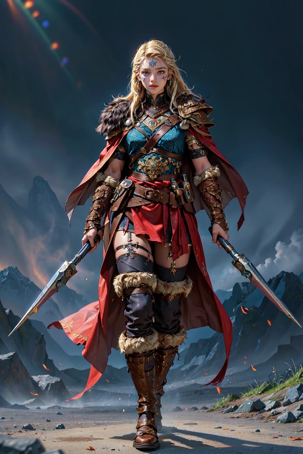 (masterpiece:1.2, best quality), (photorealistic:1.2), Viking_dual_V1, viking, solo, standing, 1girl, beard, ((full body)), (holding weapon, dual wielding), armor, boots, fur trim, shoulder armor, belt, pants, pauldrons, cape, scar, tattoo, facial tattoo <lora:Viking_dual_V1:0.45>