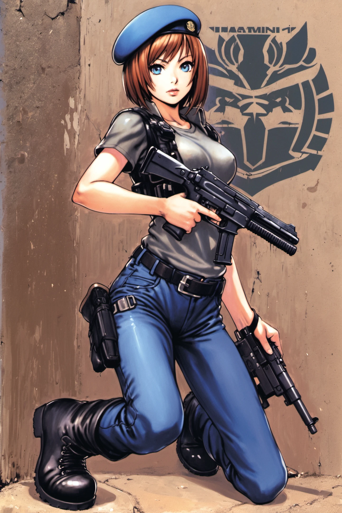 1girl, weapon, hat, solo, jill valentine, gun, beret, holding, pants, holding weapon, belt, black footwear, breasts, short sleeves, boots, holding gun, brown hair, short hair, handgun, looking at viewer, closed mouth, emblem, shirt, medium breasts, blue eyes, grey shirt, uniform, buckle, bangs, black belt,blue headwear, holster, blue pants, police, combat boots, trigger discipline, full body,standing, lips, traditional media, <lora:Yasuda akira_XL:0.8>