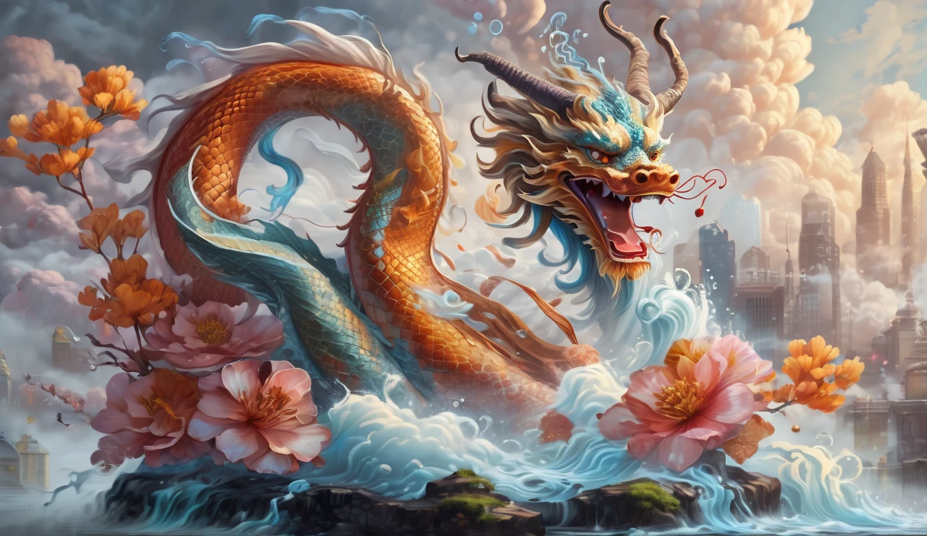 (dragon with ( friendly and adorable expression:1.2)), solo, horns, no humans, eastern dragon, open mouth, ï¼Koi fish surrounding a dragonï¼,
splashing water droplets, cloud, 
(urban transformation:1.3)ï¼ 
BREAK, ï¼
(Eastern characteristics:1.1), highly detailed digital painting, dim volumetric lighting, trending on artstation, colorful decorations, 
50 mm, 
 <lora:dragon-000002:0.7>