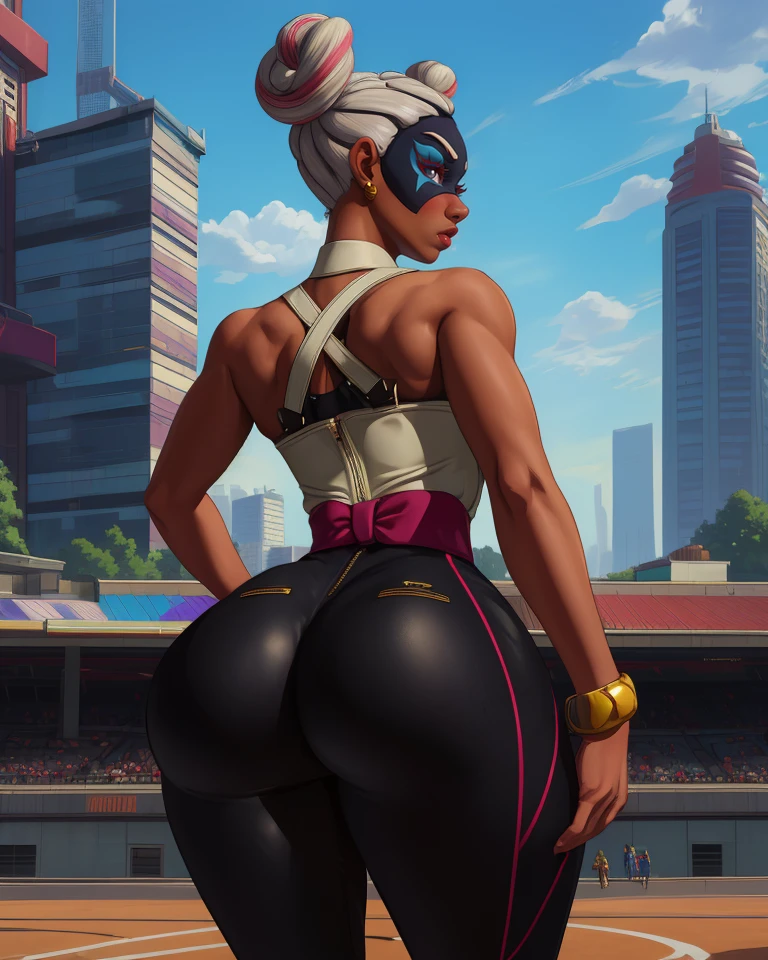 Twintelle,long twin drill hair,multicolored hair,domino mask,
white top, sleeveless, tight black pants,
from behind,hips,ass,leaning forward,
city arena,morning,
(insanely detailed, masterpiece, best quality) f,<lora:Twintelle:0.8>,